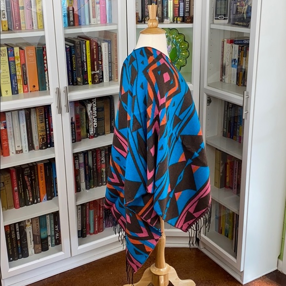 Teal Aztec Ruana Wrap Poncho - Picture 4 of 10
